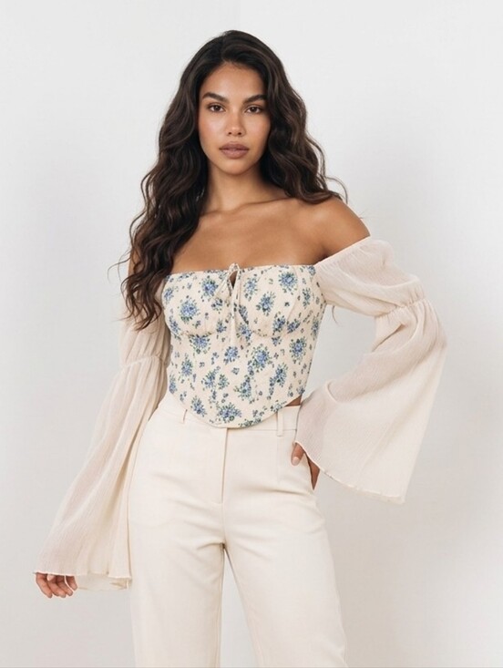 Cider Tops - Cider floral corset crop top with sheer flared sleeves S Cream Blue